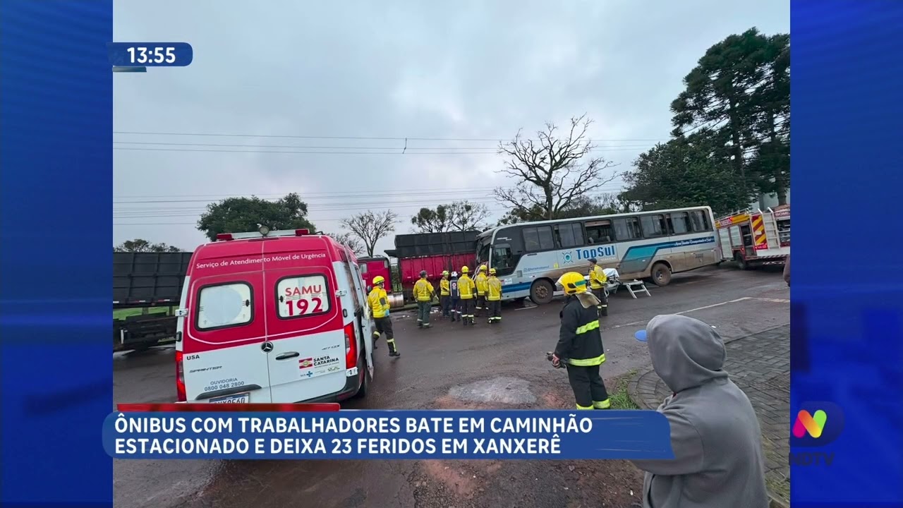 Colisão entre ônibus e caminhões deixa 23 pessoas feridas em Xanxerê
