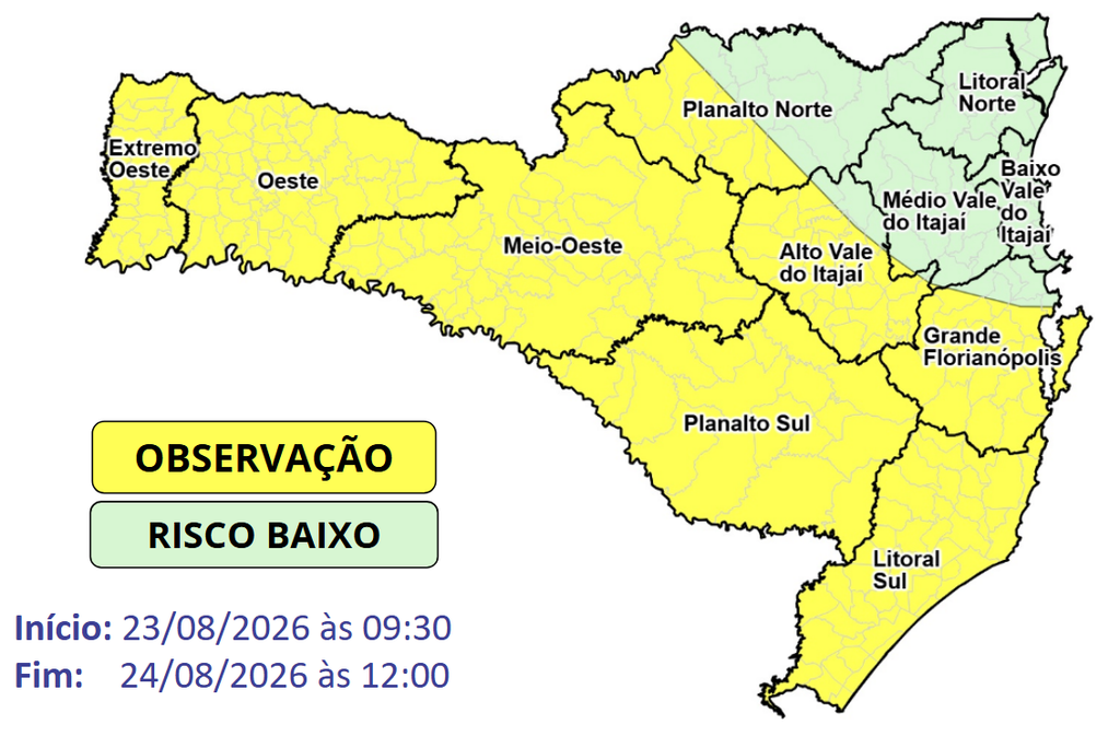 Atualização: Observação Meteorológica SDC/SC 22/08 09:20 - Frio intenso até a segunda-feira (24) - Secretaria de Estado da Proteção e Defesa Civil de Santa Catarina