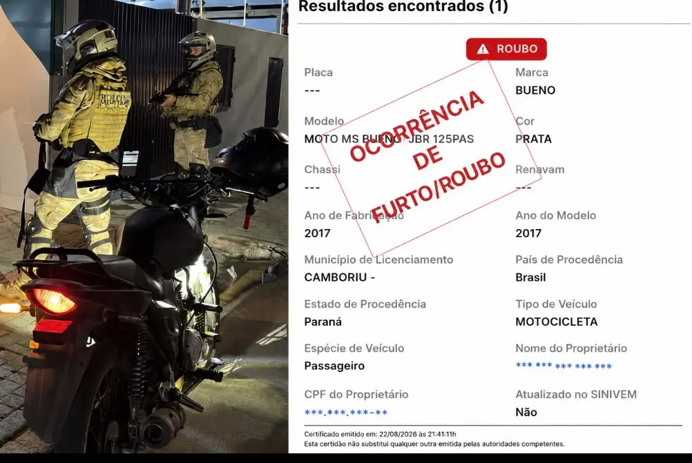 PM de Itajaí recupera motocicleta furtada e prende homem por receptação