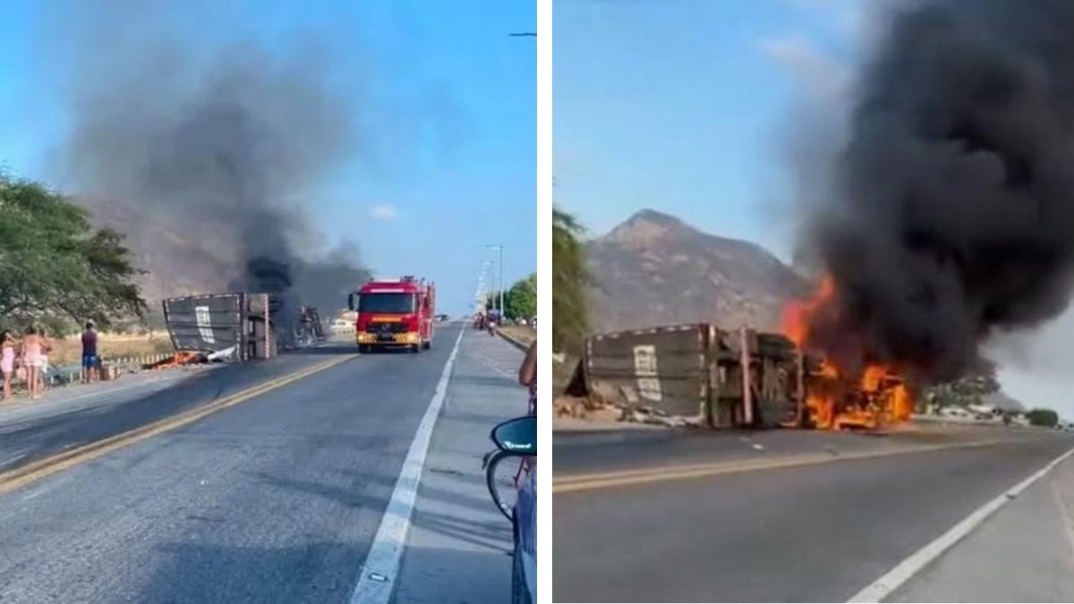 Caminhão carregado de biscoitos tomba na BR-222 e motorista morre carbonizado; indivíduos tentaram saquear carga