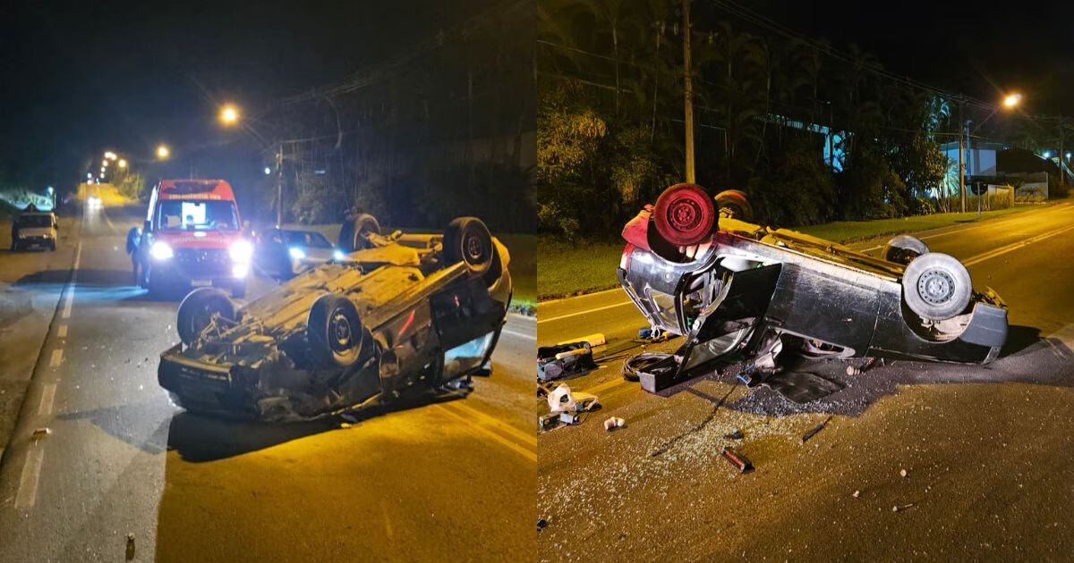 Carro capota após colisão em rodovia de Botuverá