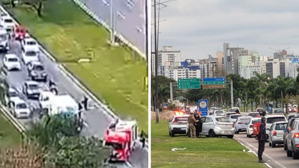 Motociclista bate em carro após parada para pedestres atravessarem e duas pessoas ficam feridas na saída de túnel em Florianópolis