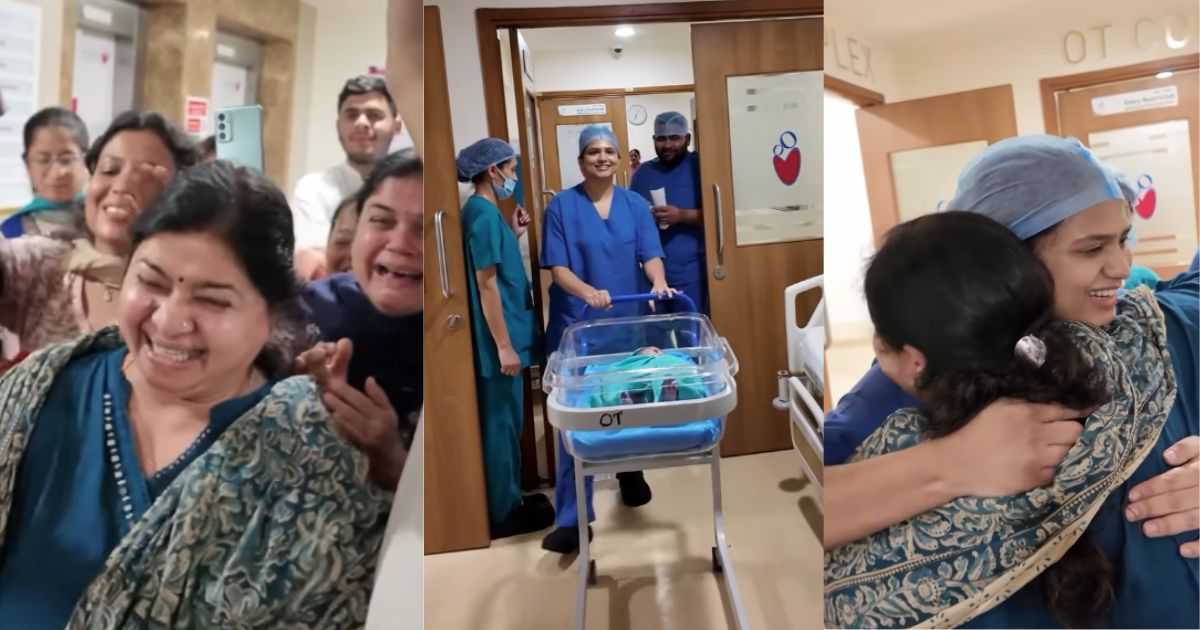 Após 52 anos sem o nascimento de uma menina na família, parentes choram de emoção na porta da maternidade quando a médica sai do centro cirúrgico com a primeira garota da linhagem nos braços