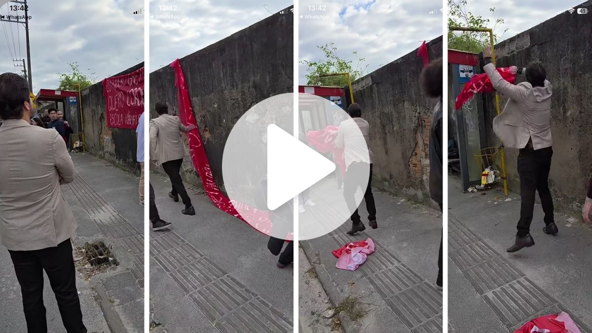 Deputado arranca cartaz de estudantes que faziam protesto contra escola cívico-militar na Grande Florianópolis; veja vídeo