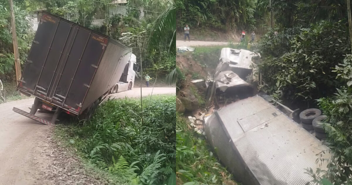 VÍDEO - Carreta tomba em barranco após sair da pista em Gaspar