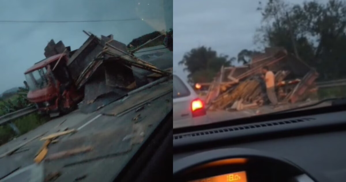 VÍDEO - Caminhão tomba na rodovia Antônio Heil, entre Brusque e Itajaí