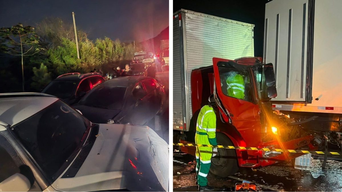 Colisão entre três caminhões na BR-101 ocorreu logo após engavetamento com sete carros; motorista foi resgatado das ferragens