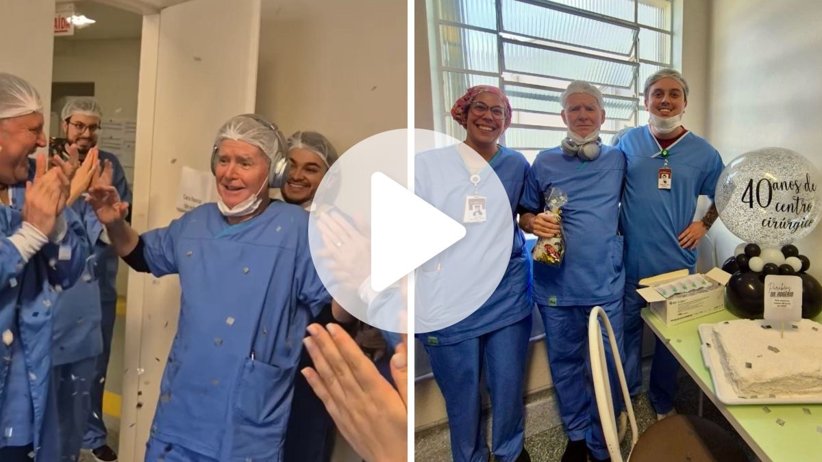 Médicos armam surpresa para colega veterano com bolo e confete em hospital de SC: ’40 anos é uma vida’