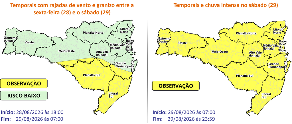 Observação meteorológica SDC/SC 26/08 12:00 - Temporais com rajadas de vento e granizo entre a sexta-feira (28) e o sábado (29) - Secretaria de Estado da Proteção e Defesa Civil de Santa Catarina
