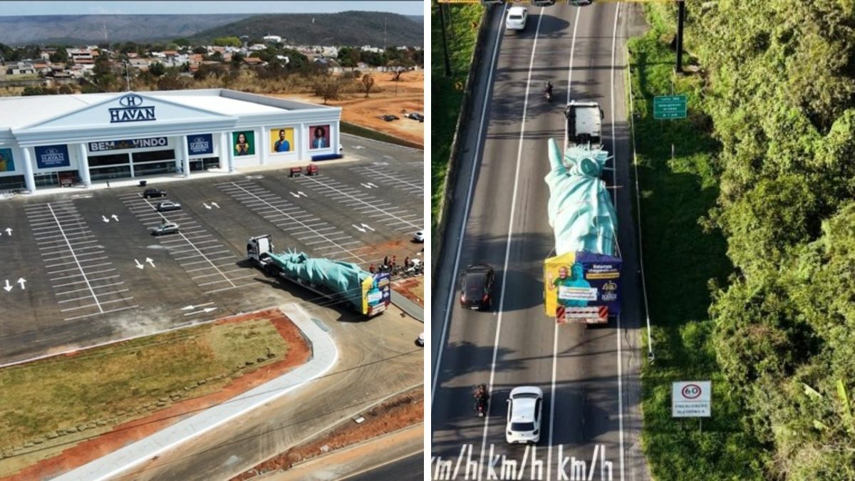 Estátua da Liberdade de 8 toneladas e 24 metros viaja 1,4 mil km e chega para inauguração de nova loja da Havan