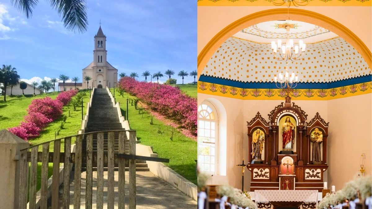 Capela com escadaria florida de conto de fadas guarda teto estrelado, mas segredo gravado no altar entalhado revela quase 100 anos da imigração italiana em SC