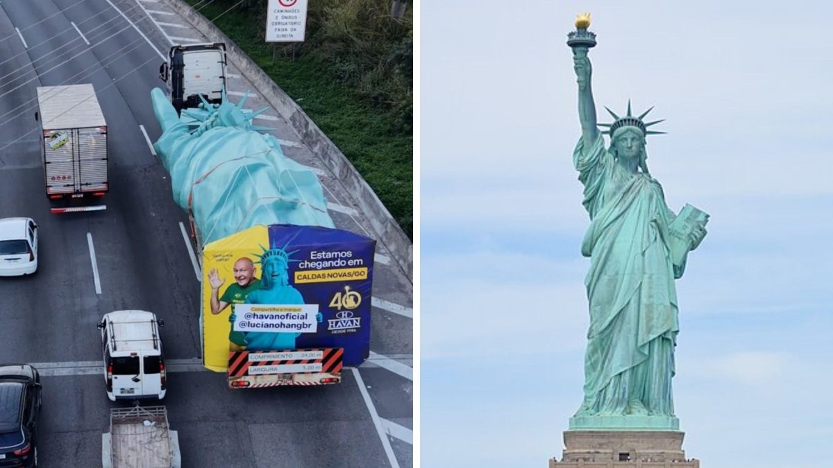 Estátua da Liberdade de 24 metros e oito toneladas que saiu de SC e viajou 1,4 mi km para nova loja da Havan tem 52% do tamanho da original
