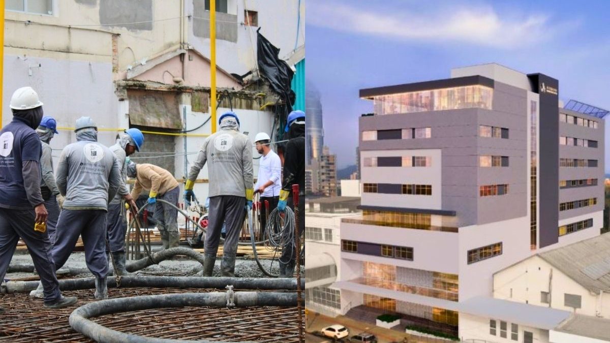 Nova torre de hospital começa a subir com 37 caminhões de concreto em obra de R$ 98 milhões que vai ampliar número de leitos em Blumenau