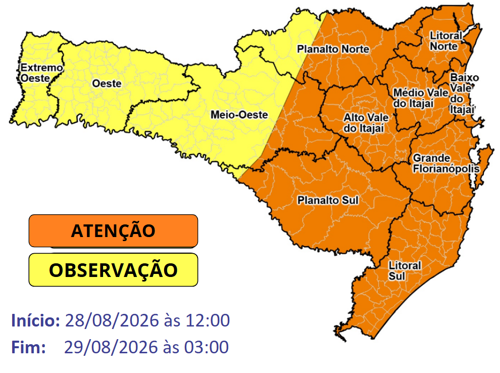 Atenção hidrometeorológica SDC/SC 28/08 11:30 – Temporais com granizo, vendavais e chuva intensa e volumosa nos próximos dias - Secretaria de Estado da Proteção e Defesa Civil de Santa Catarina