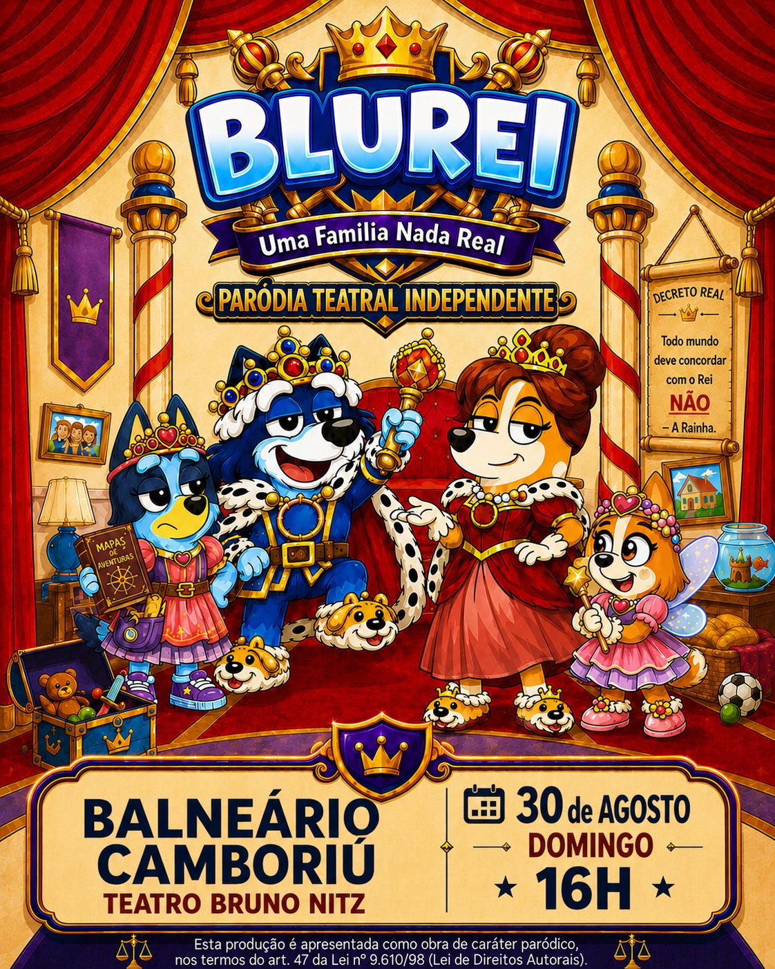 Espetáculo “Blurei – Uma Família Nada Real” será apresentado no Teatro Bruno Nitz neste domingo