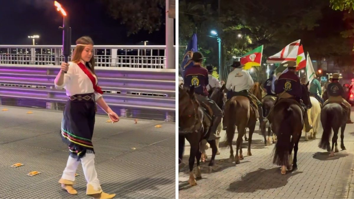 Chama Crioula cruza a Ponte Hercílio Luz e dá início ao 1º Acampamento Farroupilha de Florianópolis