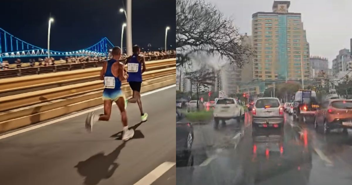 Maratona Internacional debaixo de chuva 'trava' principais vias e deixa motoristas parados por mais de 1 hora em Florianópolis