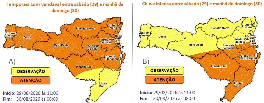 Atualização - Atenção Hidrometeorológica SDC/SC 29/08 11:50 – Temporais com granizo, vendavais e chuva intensa e volumosa nos próximos dias - Secretaria de Estado da Proteção e Defesa Civil de Santa Catarina