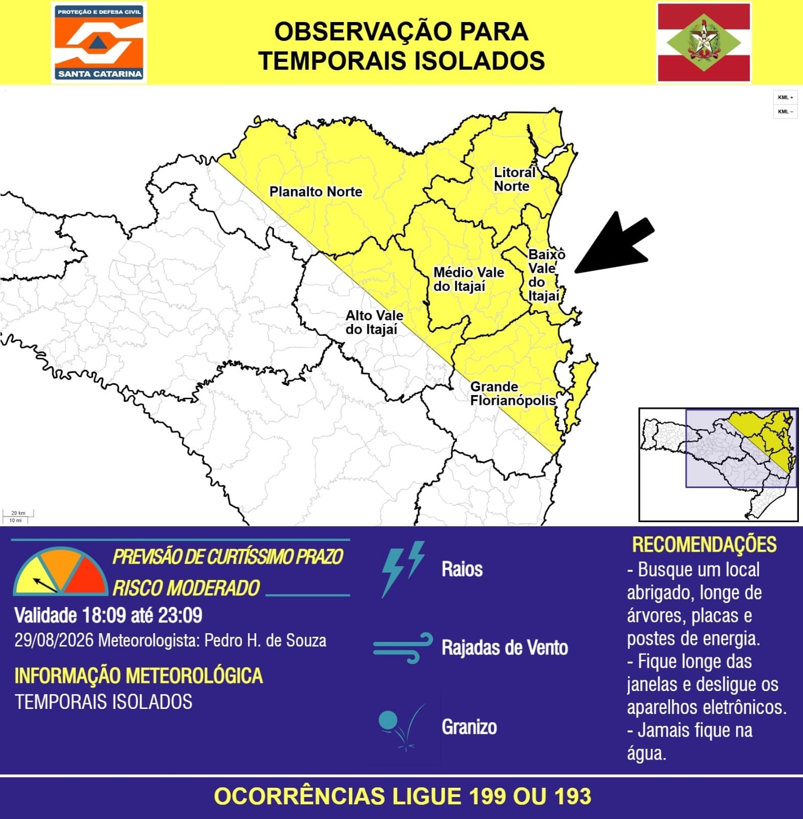 Defesa Civil alerta para risco de temporais isolados neste sábado