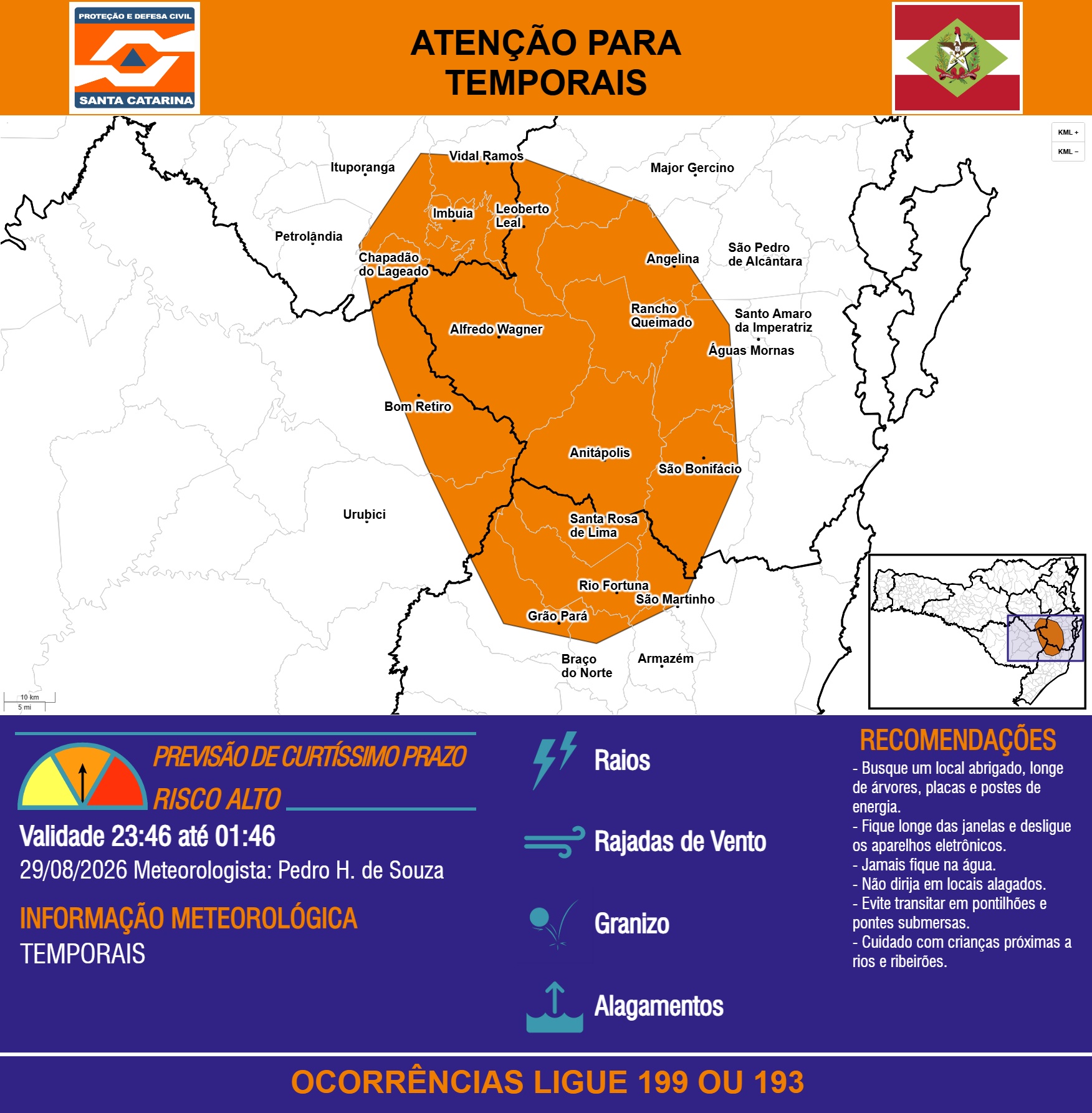 ATENÇÃO - 29/08 23:46 - TEMPORAIS com RAIOS, RAJADAS DE VENTO, GRANIZO e ALAGAMENTOS nas próximas 2 horas - Secretaria de Estado da Proteção e Defesa Civil de Santa Catarina