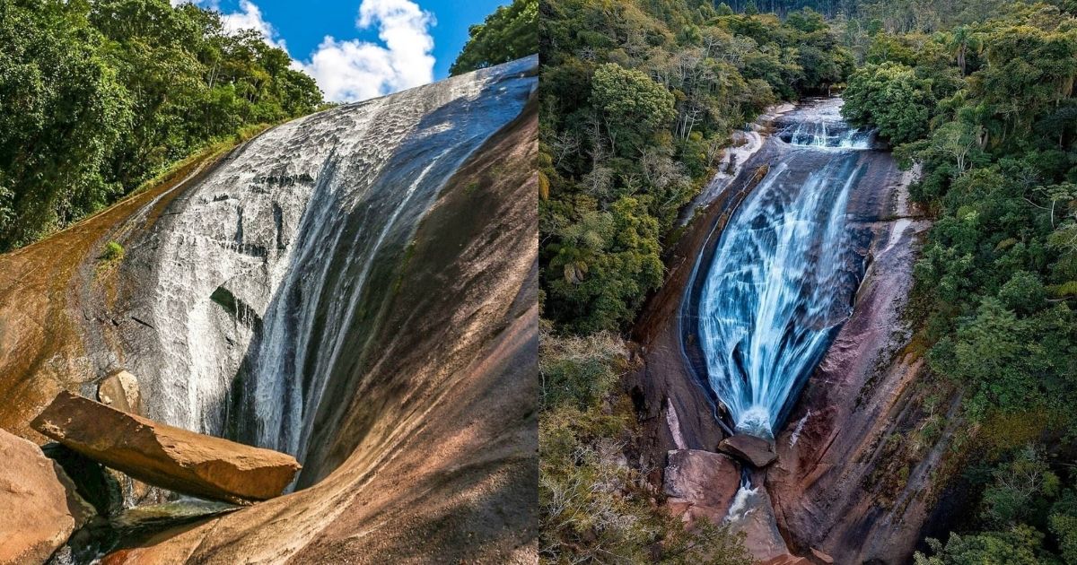 A ‘bunda’ mais famosa de SC: conheça o destino de uma cachoeira com formato inusitado na rocha que atrai visitantes ao Sul do estado