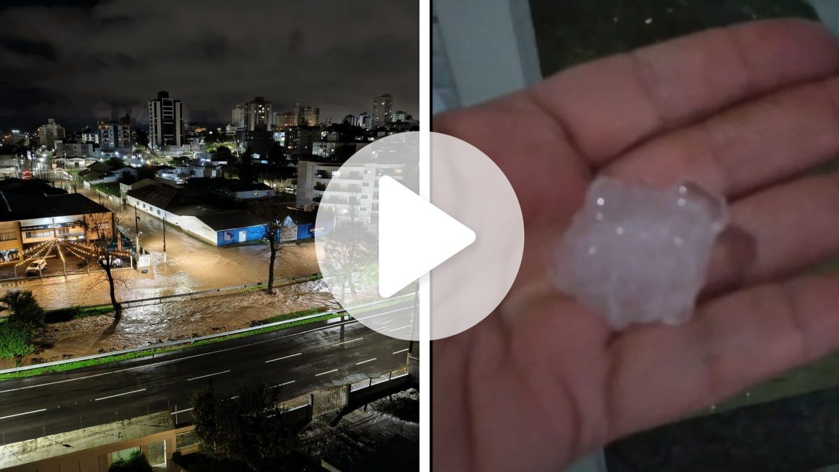 Pedras de granizo caem em Lages e maior rio da cidade fica cheio durante temporal; vídeos mostram transtornos