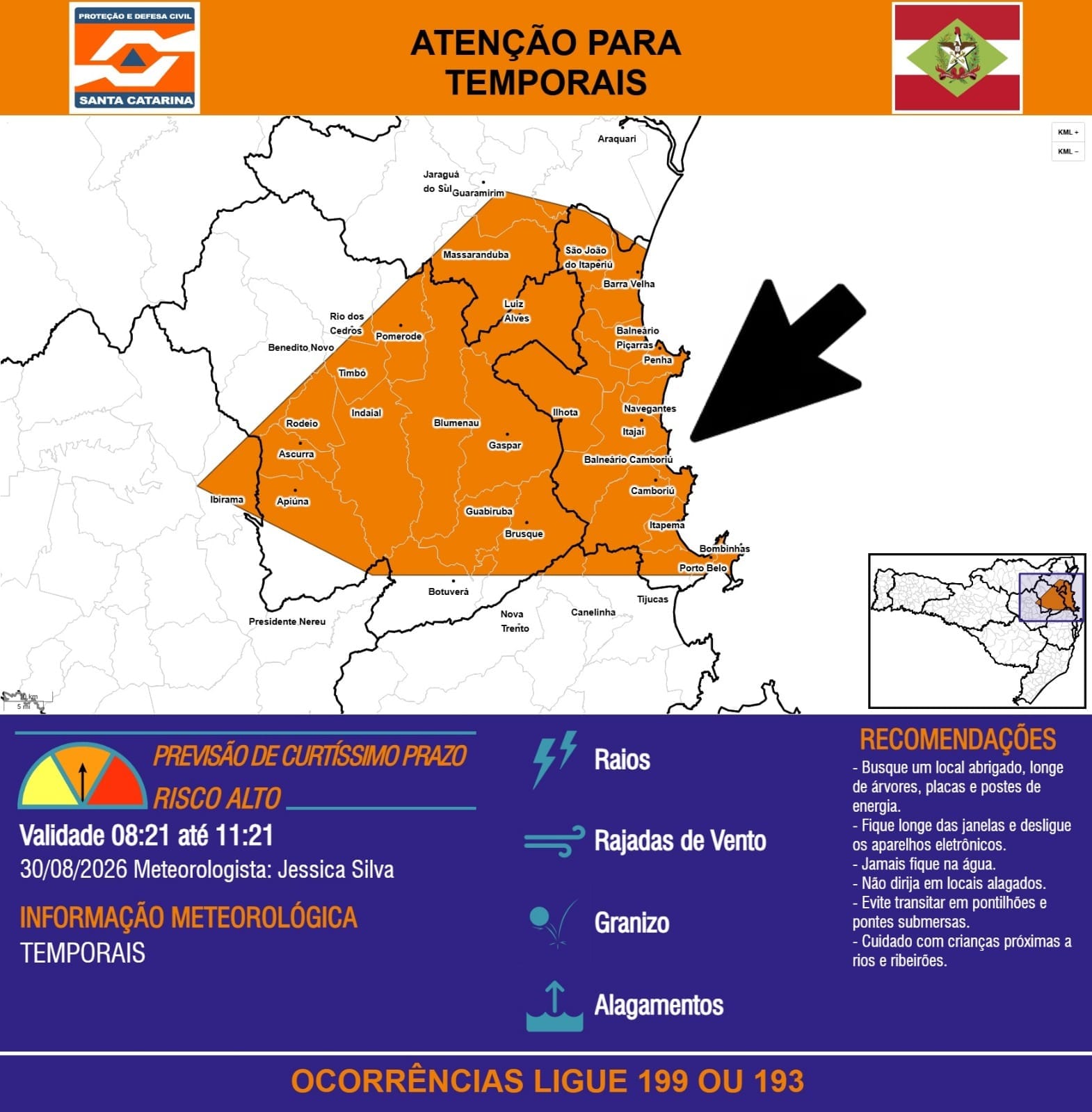 Defesa Civil alerta para risco de temporais neste domingo