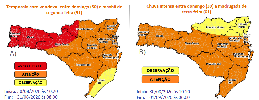 Aviso Hidrometeorológico Especial SDC/SC 30/08 11:30 – Temporais com granizo, vendavais e chuva intensa e volumosa até a madrugada de terça (01) - Secretaria de Estado da Proteção e Defesa Civil de Santa Catarina