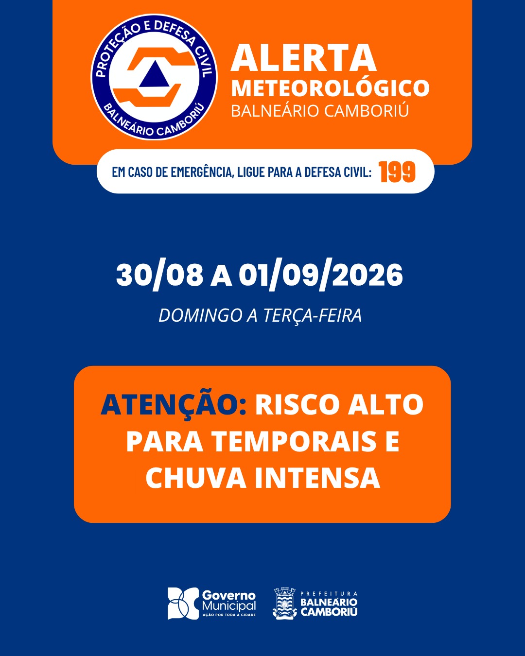 Defesa Civil alerta para temporais e chuva intensa em Balneário Camboriú