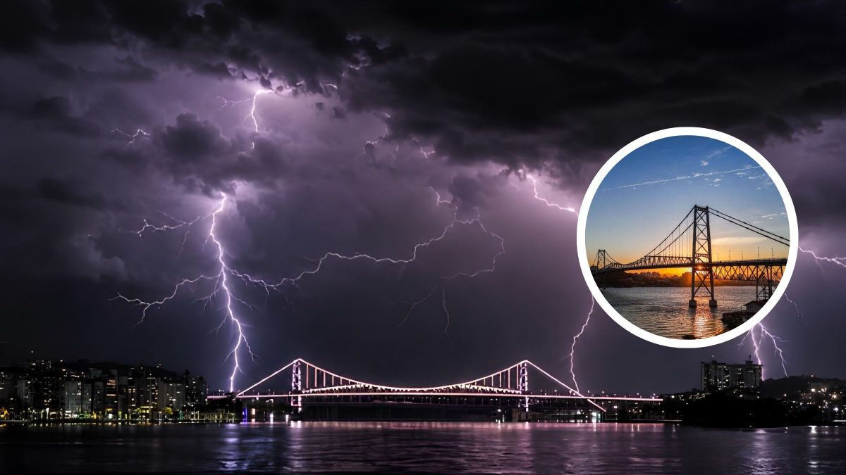 Fotógrafo registra sequência de raios sobre a Ponte Hercílio Luz durante tempestade em Florianópolis