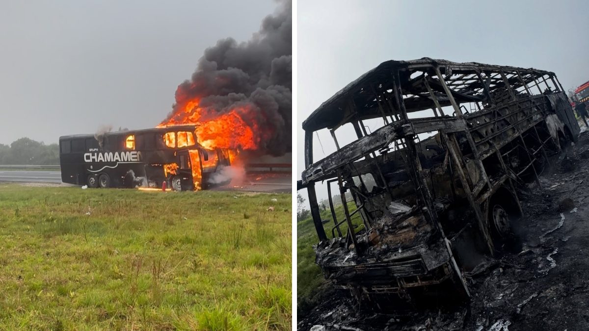 Ônibus de banda gaúcha pega fogo em Curitiba enquanto integrantes dormiam e fica completamente destruído