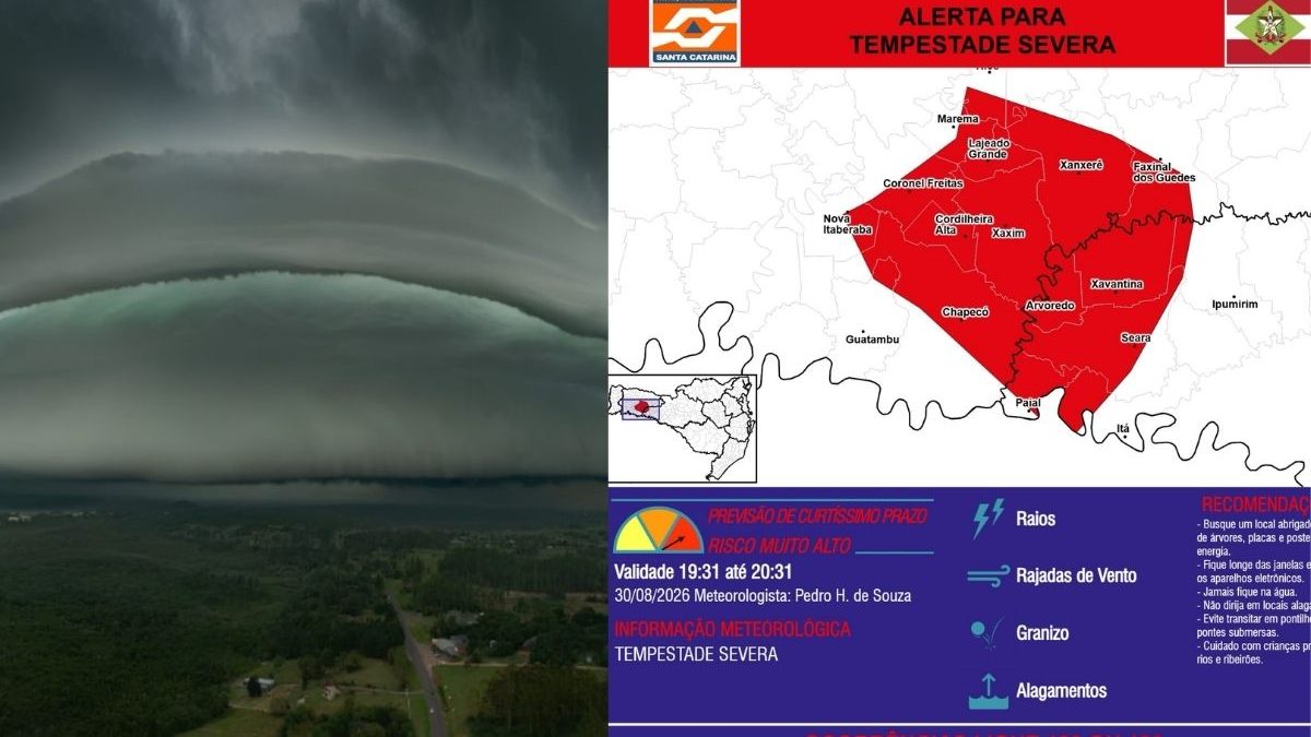 Alerta vermelho: tempestade severa ameaça 18 cidades com granizo, raios e alagamentos em SC