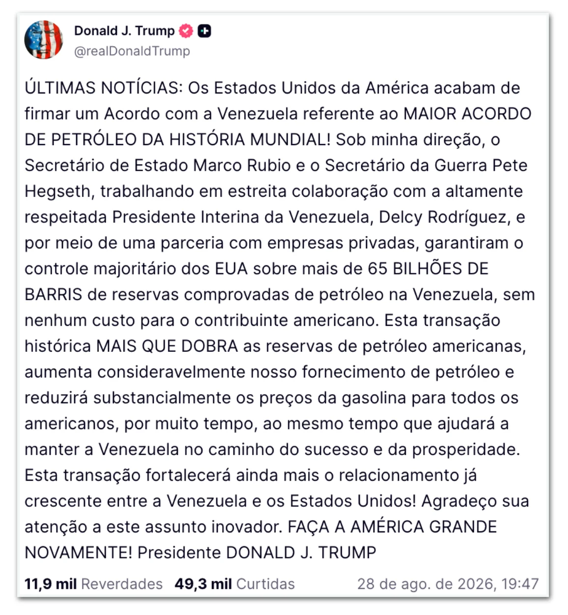 “Maior acordo de petróleo da história”, diz Trump sobre a Venezuela