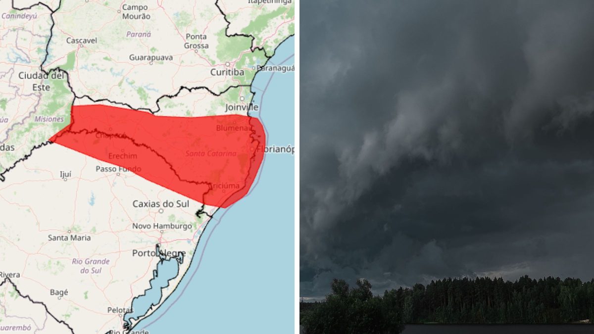 Alerta máximo: 378 cidades de SC e RS podem registrar chuva acima de 100 mm, ventos de mais de 100 km/h e granizo nas próximas horas