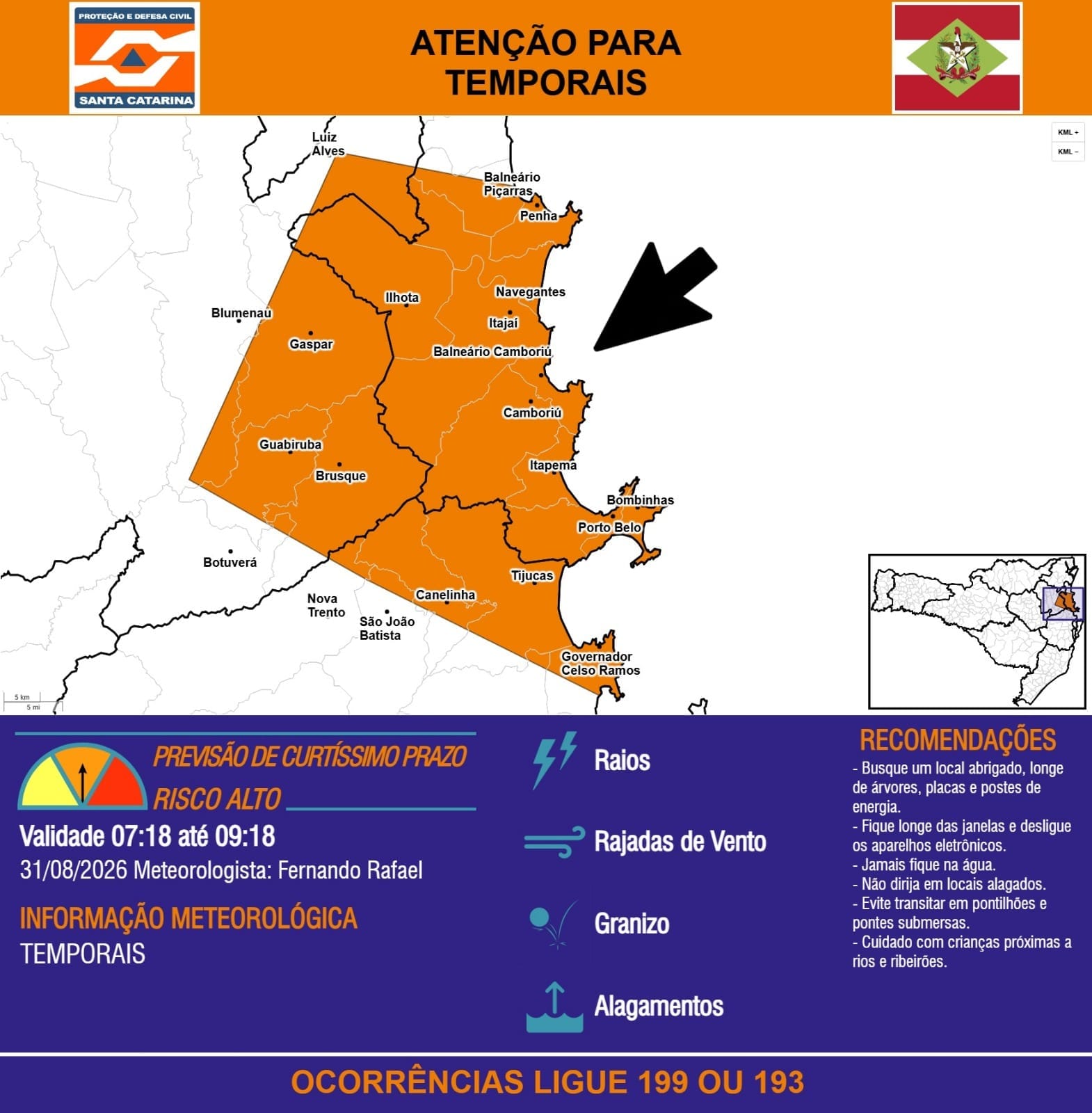 Balneário Camboriú em alerta para temporais na manhã desta segunda (31)