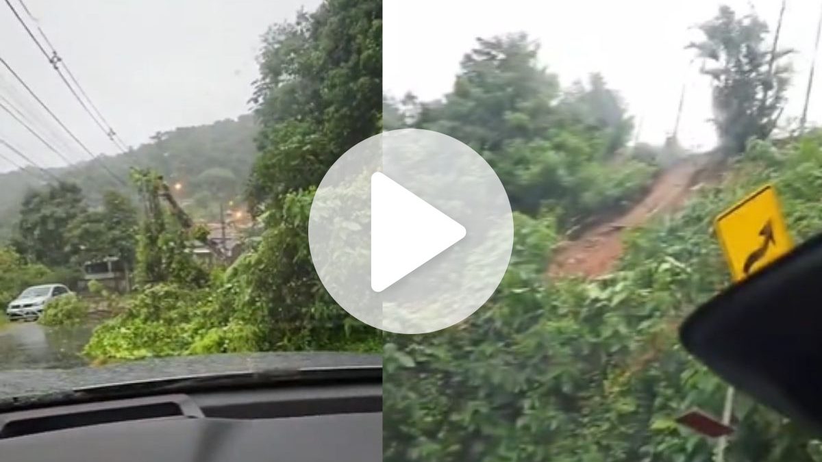 Deslizamento de terra bloqueia rua após forte temporal em SC
