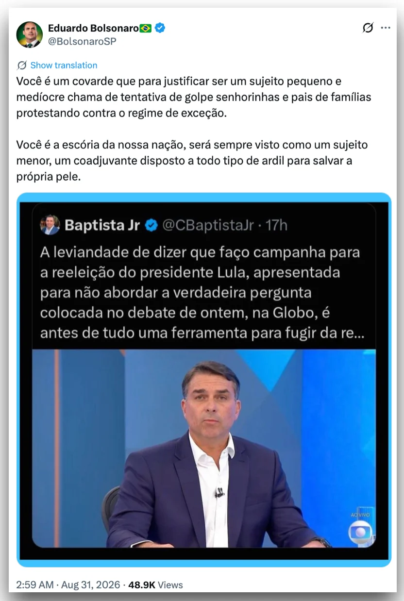 Eduardo Bolsonaro chama ex-comandante da FAB de “escória da nação”