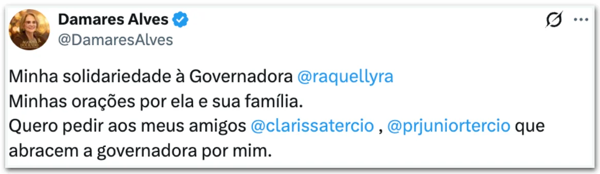 Damares e Zema postam vídeos de apoio a Raquel Lyra após ataques