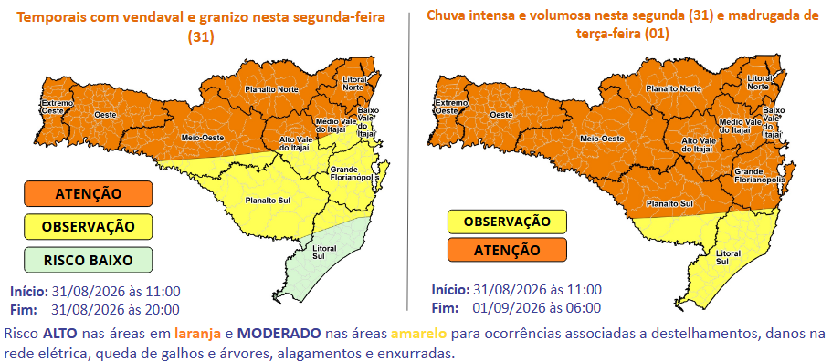 Atenção Hidrometeorológica SDC/SC 31/08 11:00 – Temporais com granizo, vendavais e chuva intensa e volumosa até a madrugada de terça (01) - Secretaria de Estado da Proteção e Defesa Civil de Santa Catarina