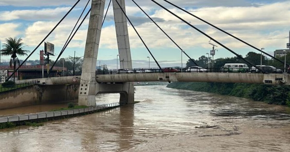 VÍDEO - Rio Itajaí-Mirim sai da calha em trecho embaixo da Ponte Estaiada, em Brusque