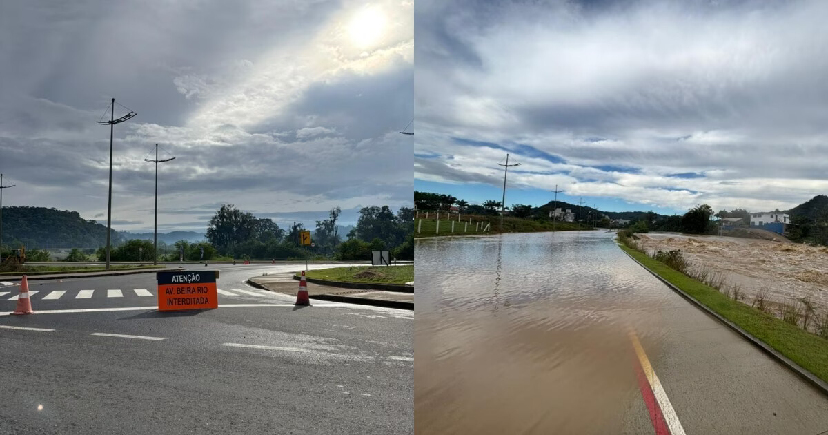 Rio Itajaí-Mirim sai da calha no Jardim Maluche e pontos da Beira Rio são interditados em Brusque; veja quais