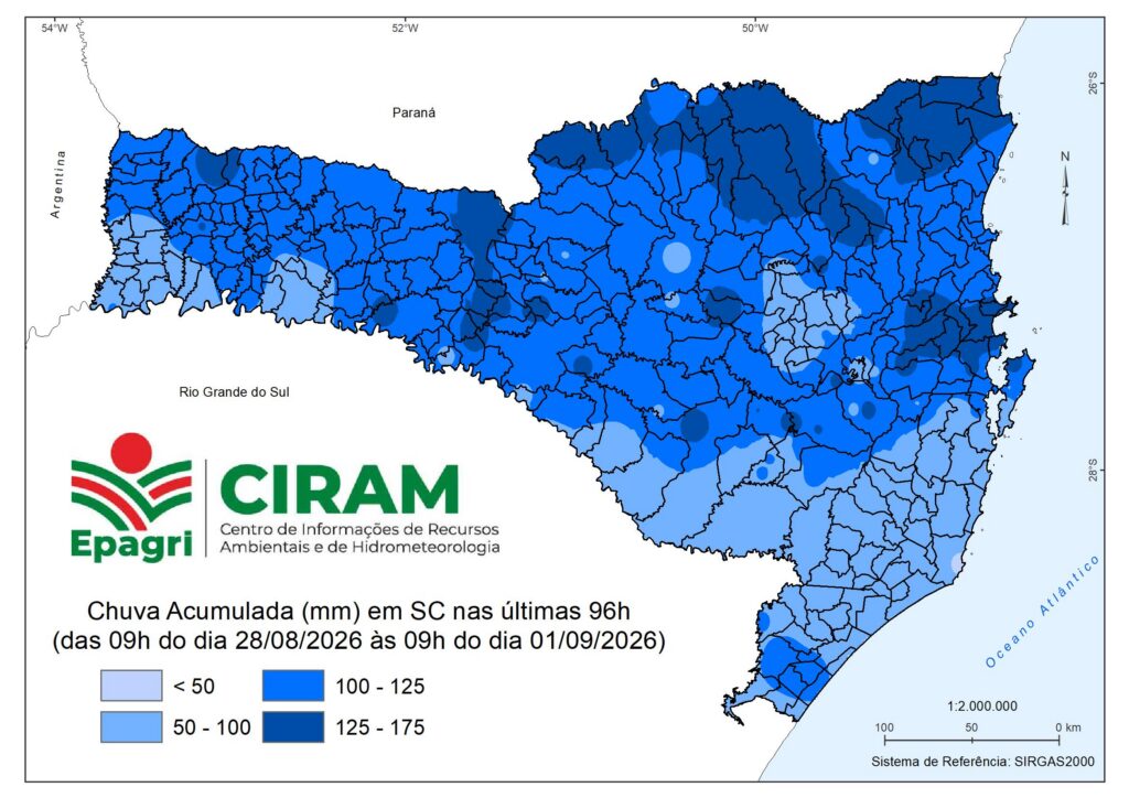 Totais de chuva 100 a 175mm em boa parte de SC – EPAGRI/CIRAM