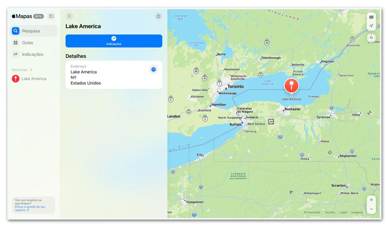 Após Google, Apple muda nome do lago Ontário para lago América