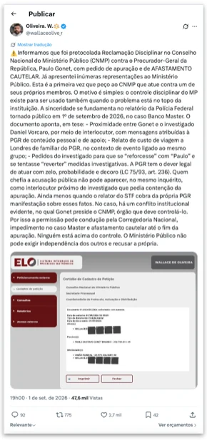 Advogado pede ao CNMP o afastamento de Paulo Gonet