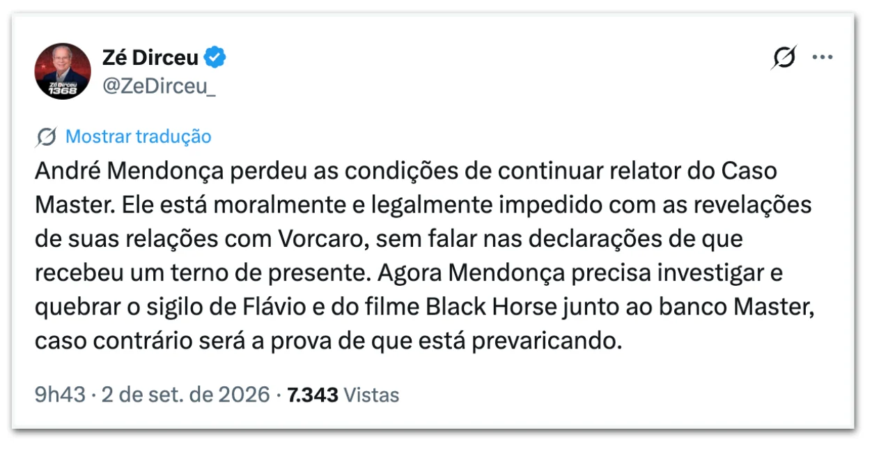 Petistas criticam Mendonça; Zé Dirceu pede afastamento do ministro