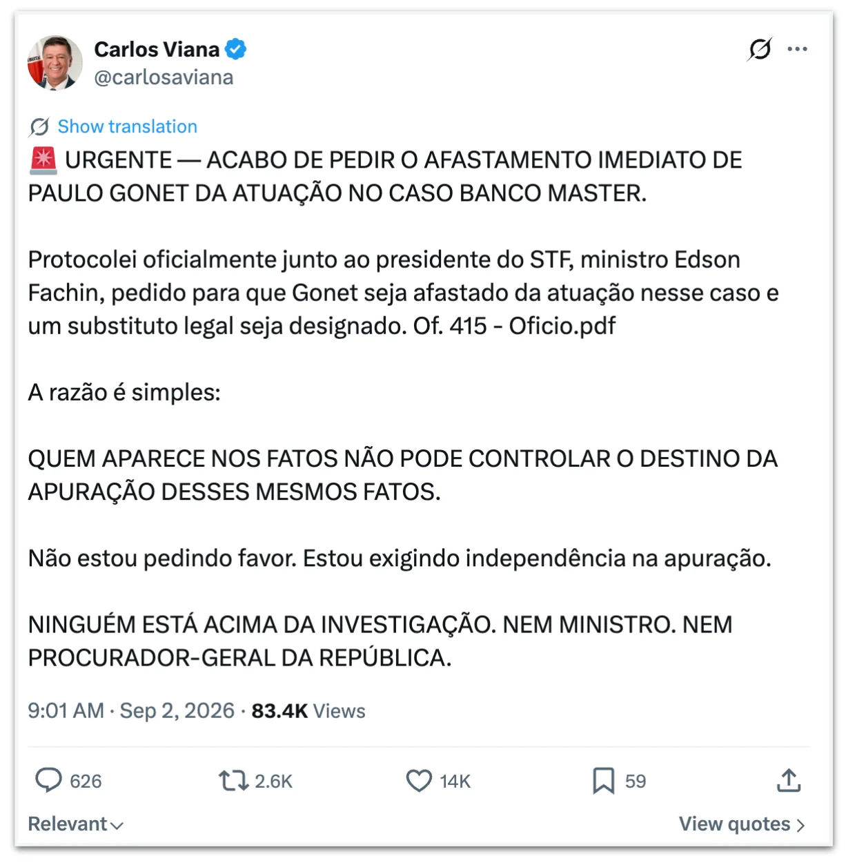 Oposição pede impeachment de Gonet após citação em relatório da PF