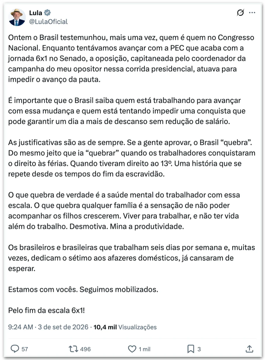 Lula critica Rogério Marinho por tentar “impedir” avanço da 6 X 1
