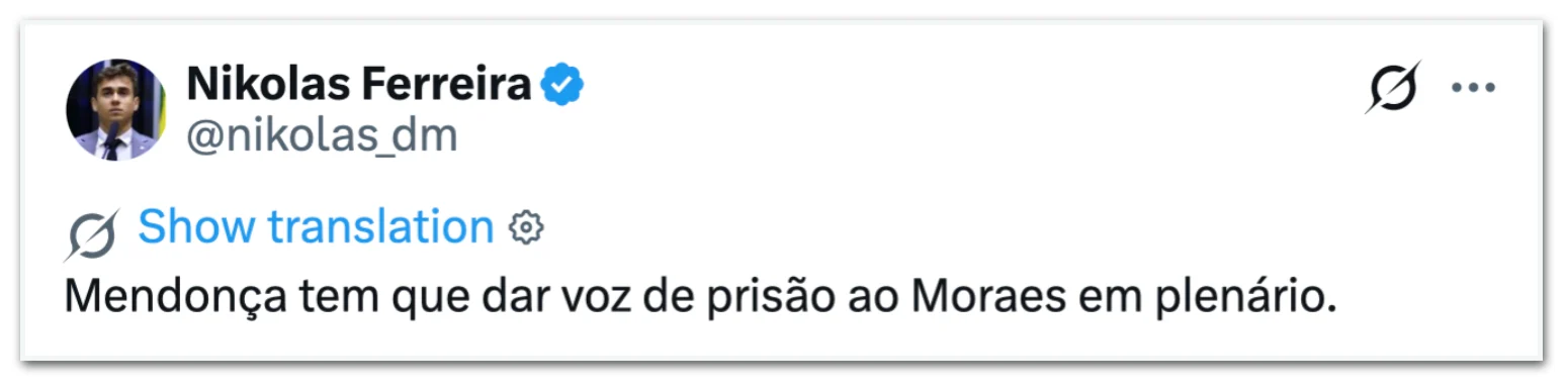 “Mendonça tem que dar voz de prisão a Moraes em plenário”, diz Nikolas