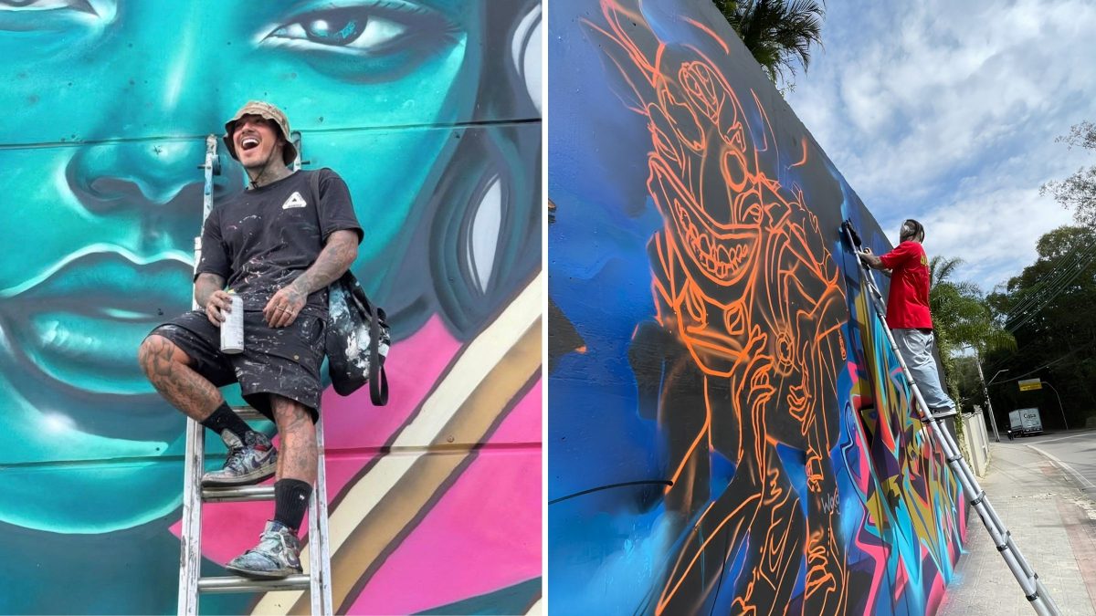 ‘Graffiti é uma quebra de paradigmas’: artista Santo usa a tradição do Boi de Mamão para criar crítica social em mural do Street Art Tour em Florianópolis